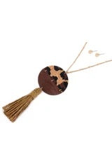 Leopard Cork and Wood Split Disk Tassel Pendant Necklace and Earring Set - ladymaesboutique