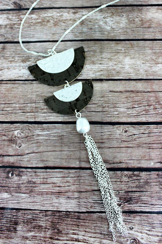 Silvertone And Dark Cork Double Half Moon Tassel Necklace - ladymaesboutique