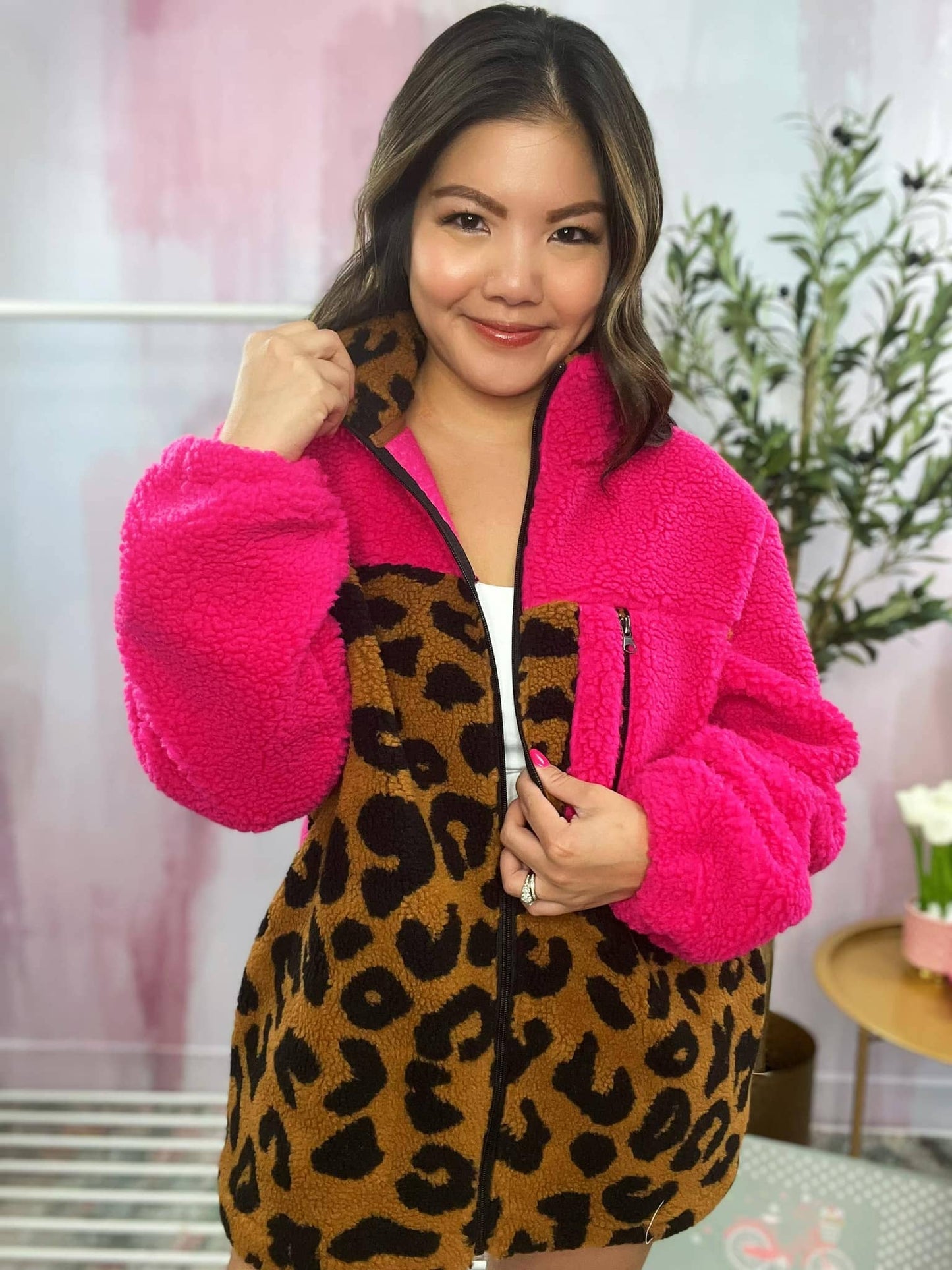 Tori Bright Pink Leopard Zip-up