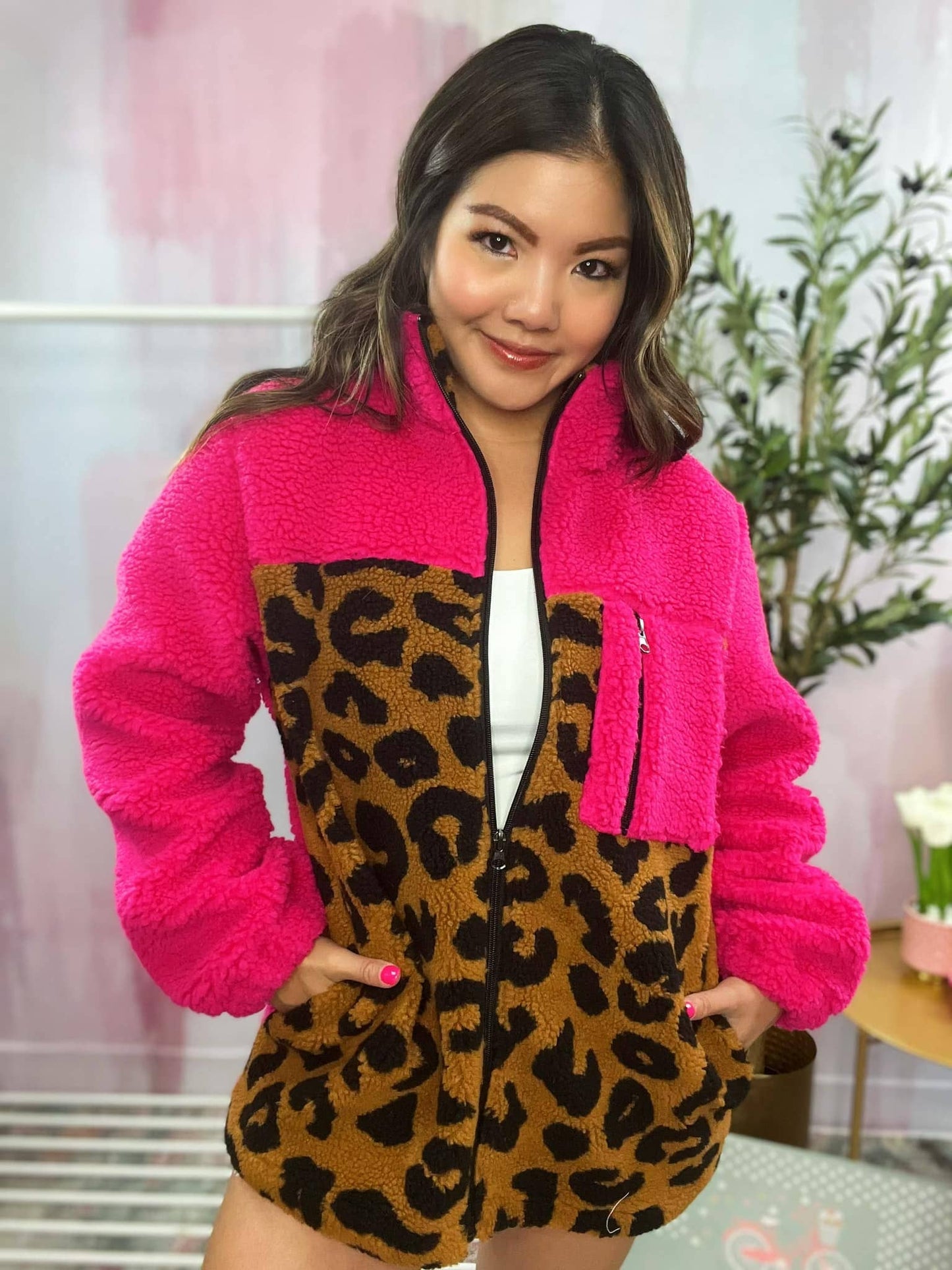 Tori Bright Pink Leopard Zip-up