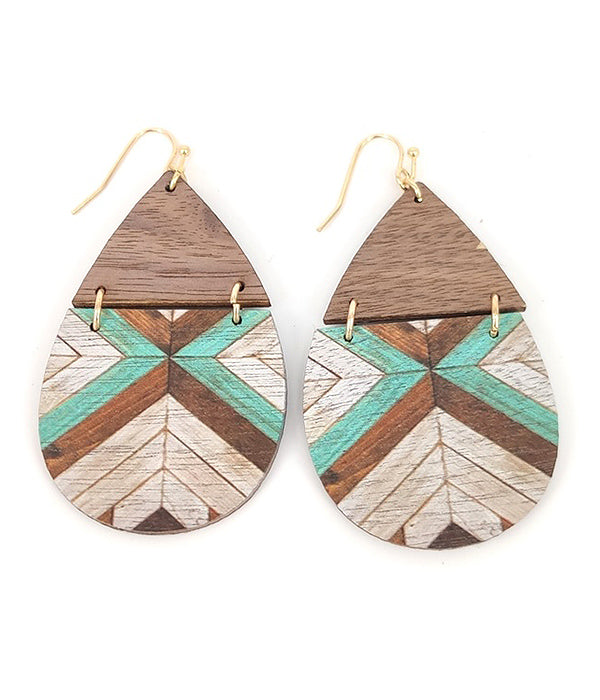 Aztec Wood Teardrop Earring