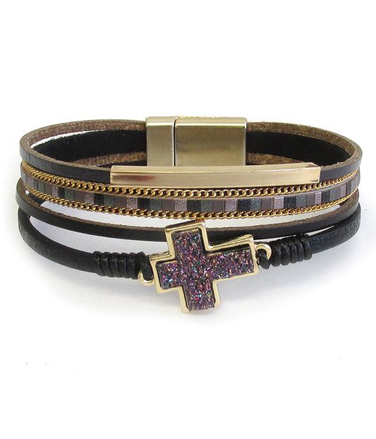 Multi Layer Leatherette Magnetic Bracelet - Druzy Cross