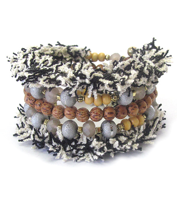 Multi wood and facet glass bead mix fabric coiled bracelet