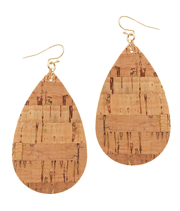 Cork wood print leatherette teardrop earring - ladymaesboutique